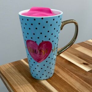 Polka Dot Travel Mug with Pink Heart and Gold Handle nurse